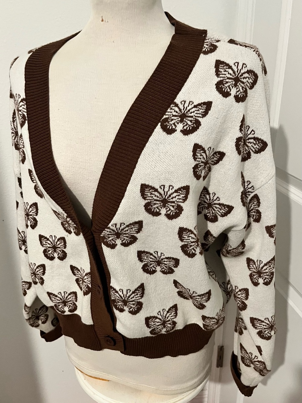 Cream and Brown Butterfly Knit Cardigan Sweater